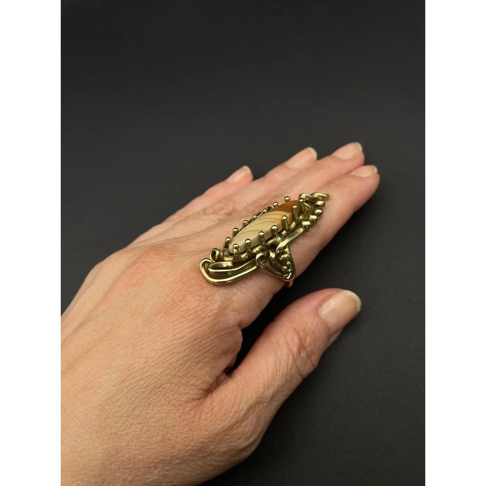 Vintage‎ Large Brass Stone Ring Mid-Century Studio Brutalist Statement Ring
